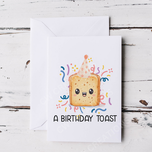  A cartoon toast on a birthday card, featuring a customizable design for personal messages and celebrations.