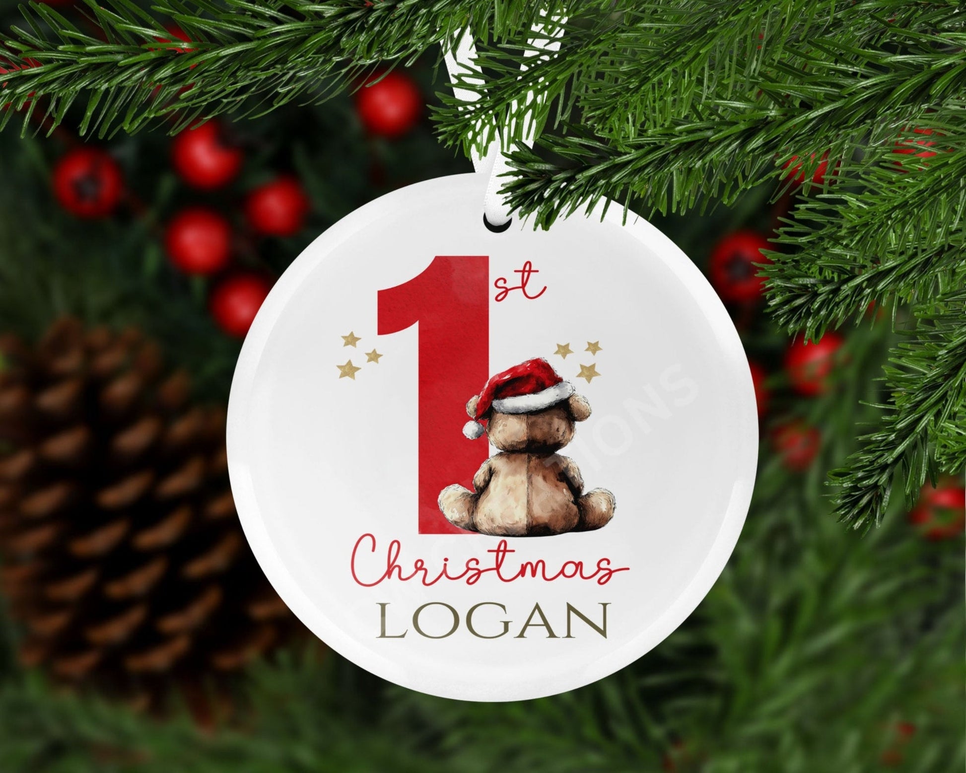  Personalized  ornament celebrating baby's first Christmas, featuring a teddy bear design for a memorable holiday keepsake.