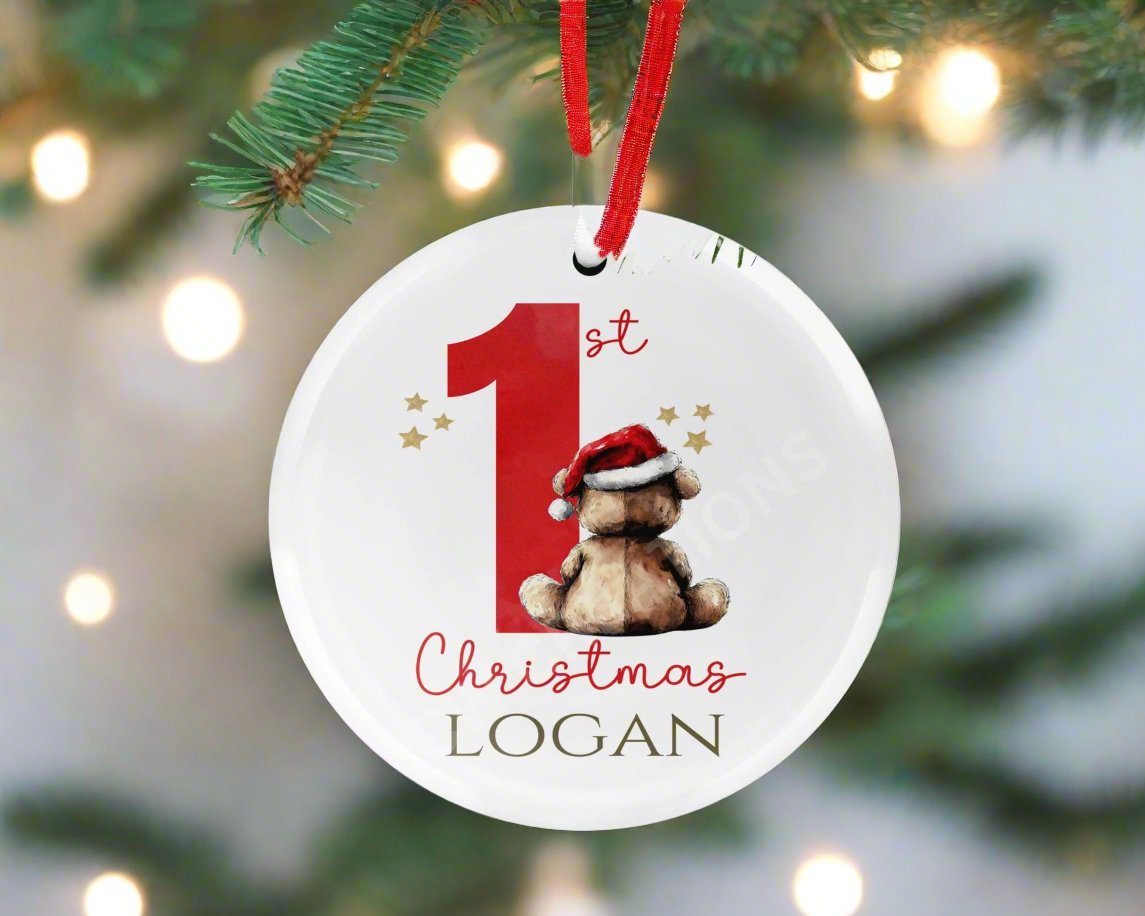  Personalized ornament celebrating baby's first Christmas, featuring a teddy bear design for a memorable holiday keepsake.