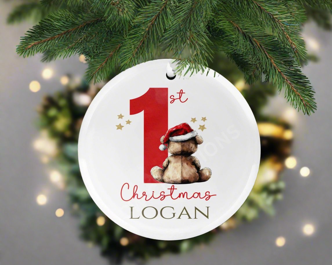  Personalized ornament celebrating baby's first Christmas, featuring a teddy bear design for a memorable holiday keepsake.