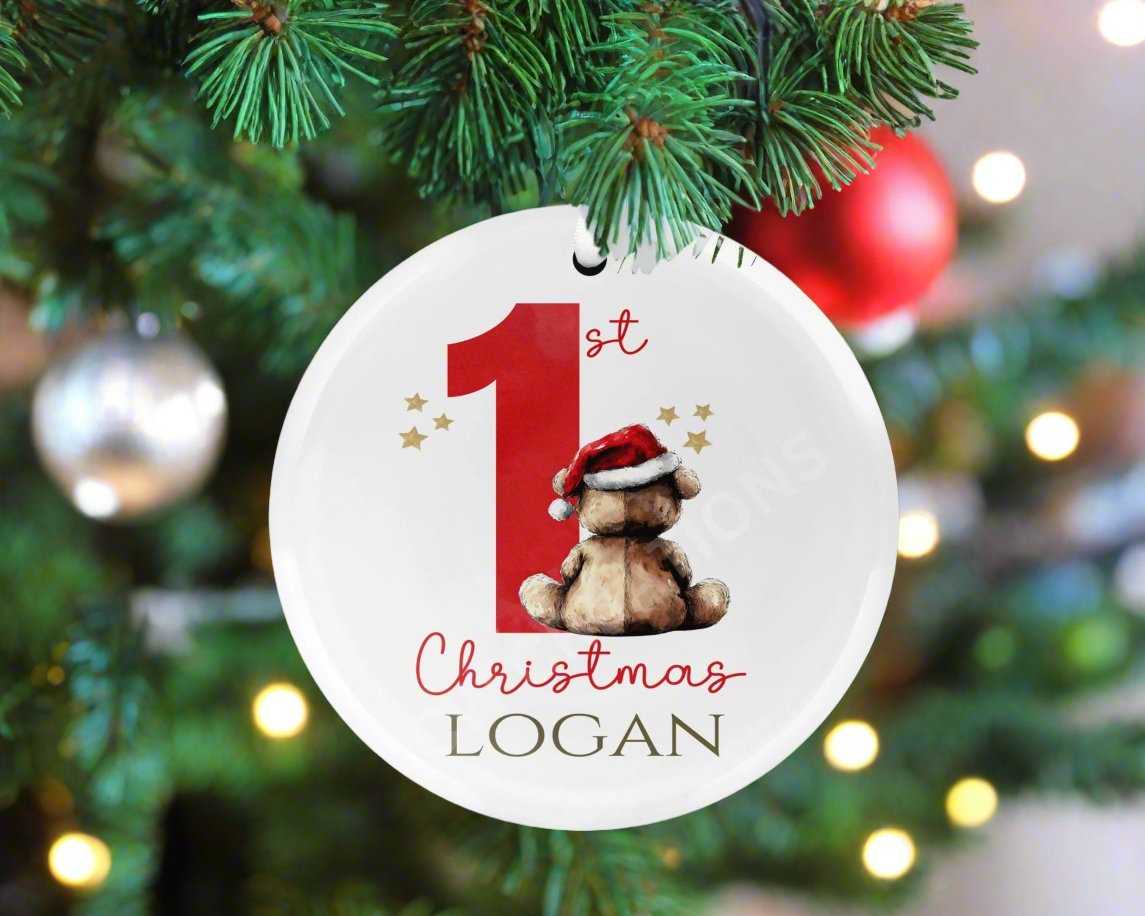  Personalized ornament celebrating baby's first Christmas, featuring a teddy bear design for a memorable holiday keepsake.