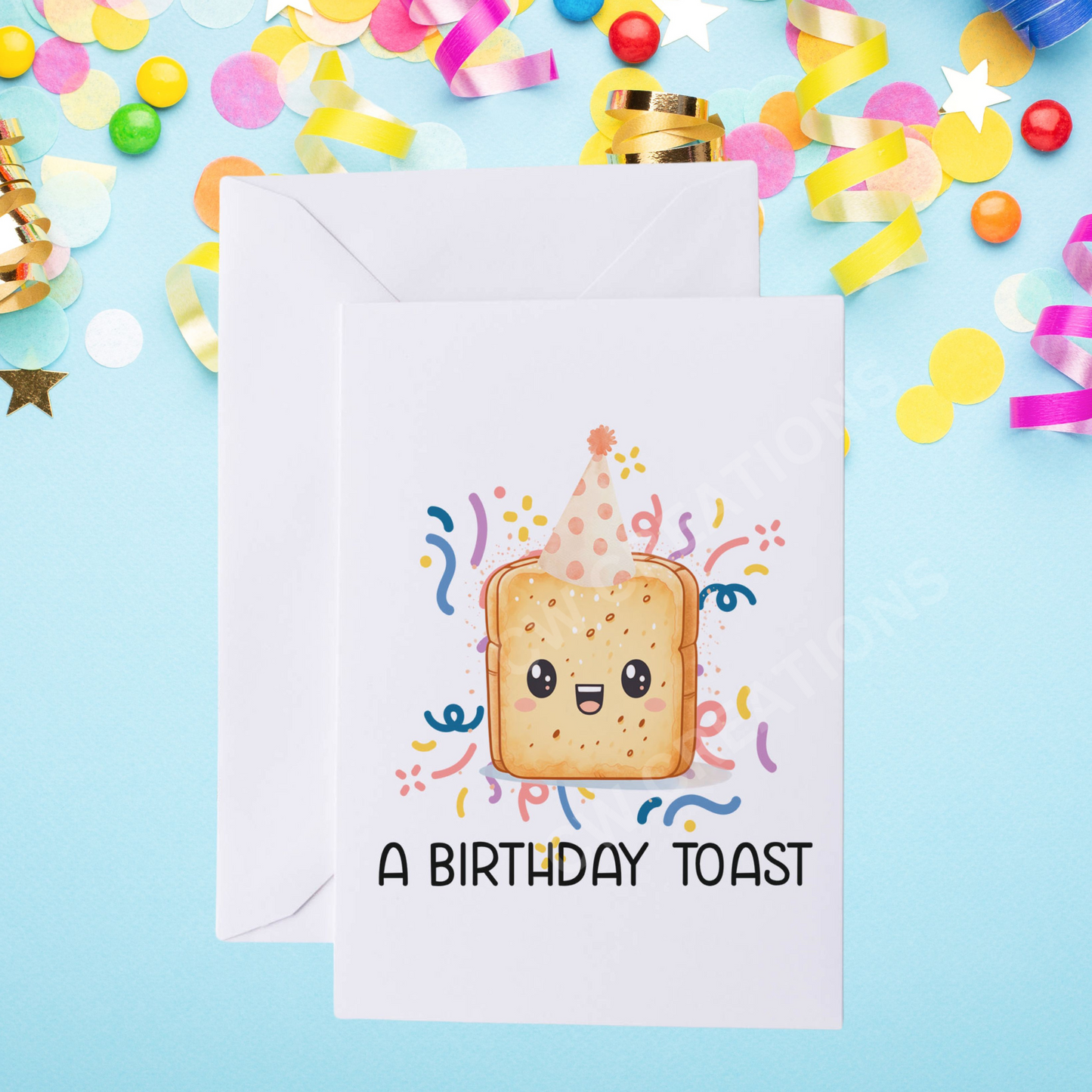  A cartoon toast on a birthday card, featuring a customizable design for personal messages and celebrations.