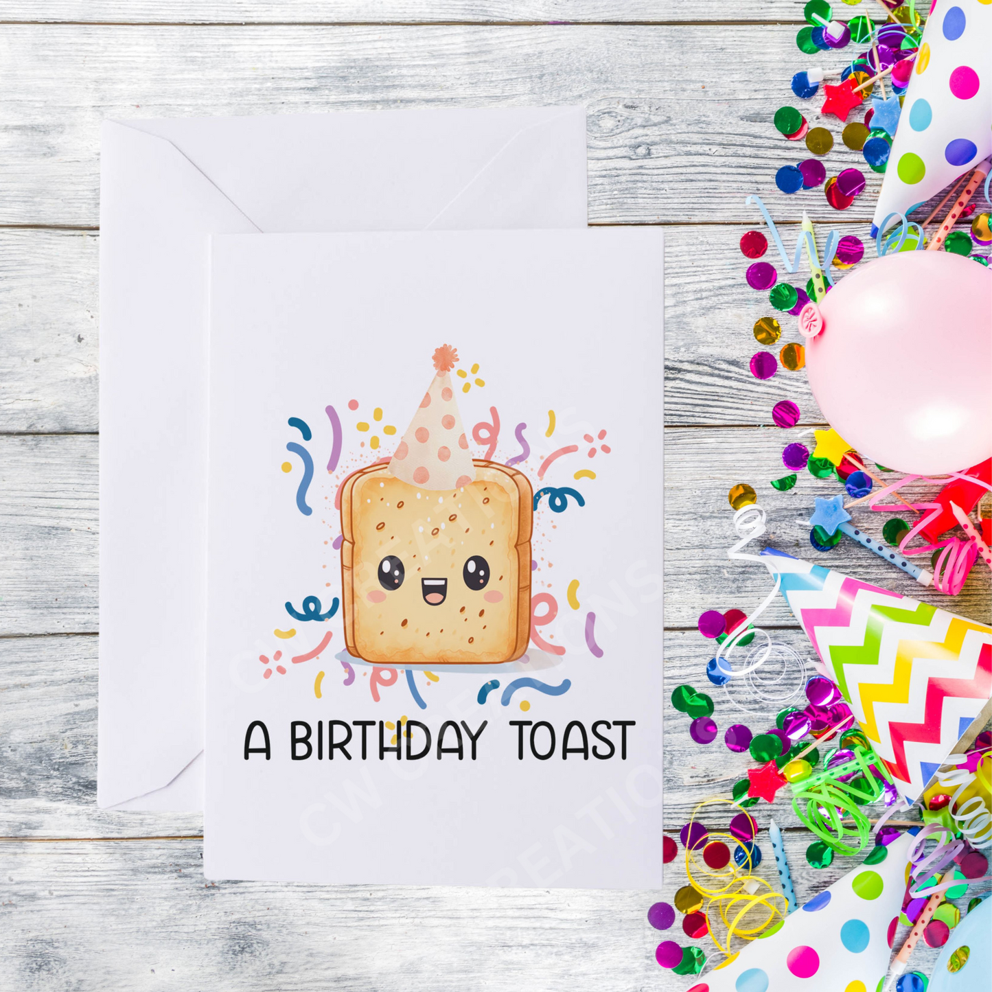  A cartoon toast on a birthday card, featuring a customizable design for personal messages and celebrations.