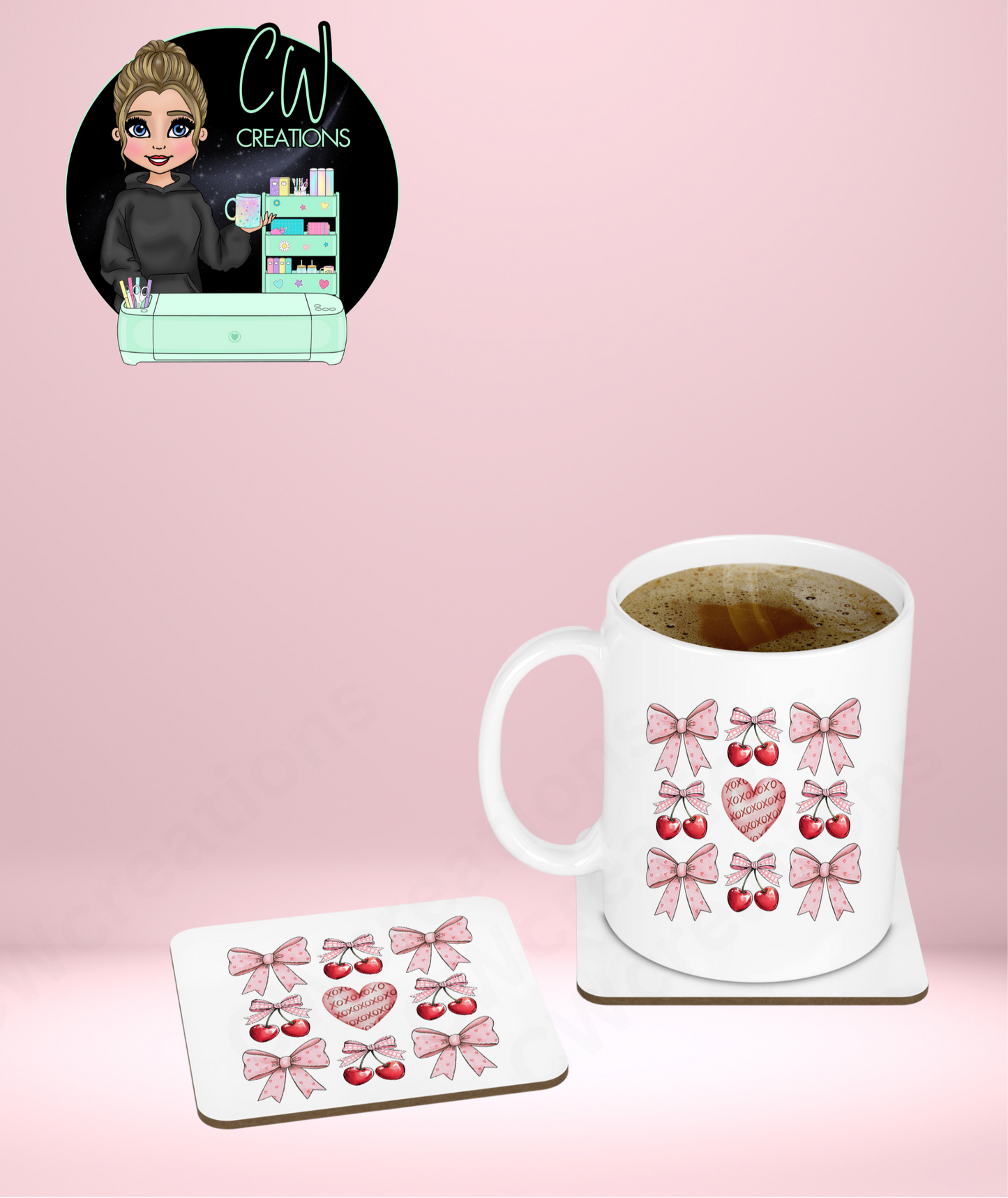 Valentines Cherries & Bows Mug & Coaster Set