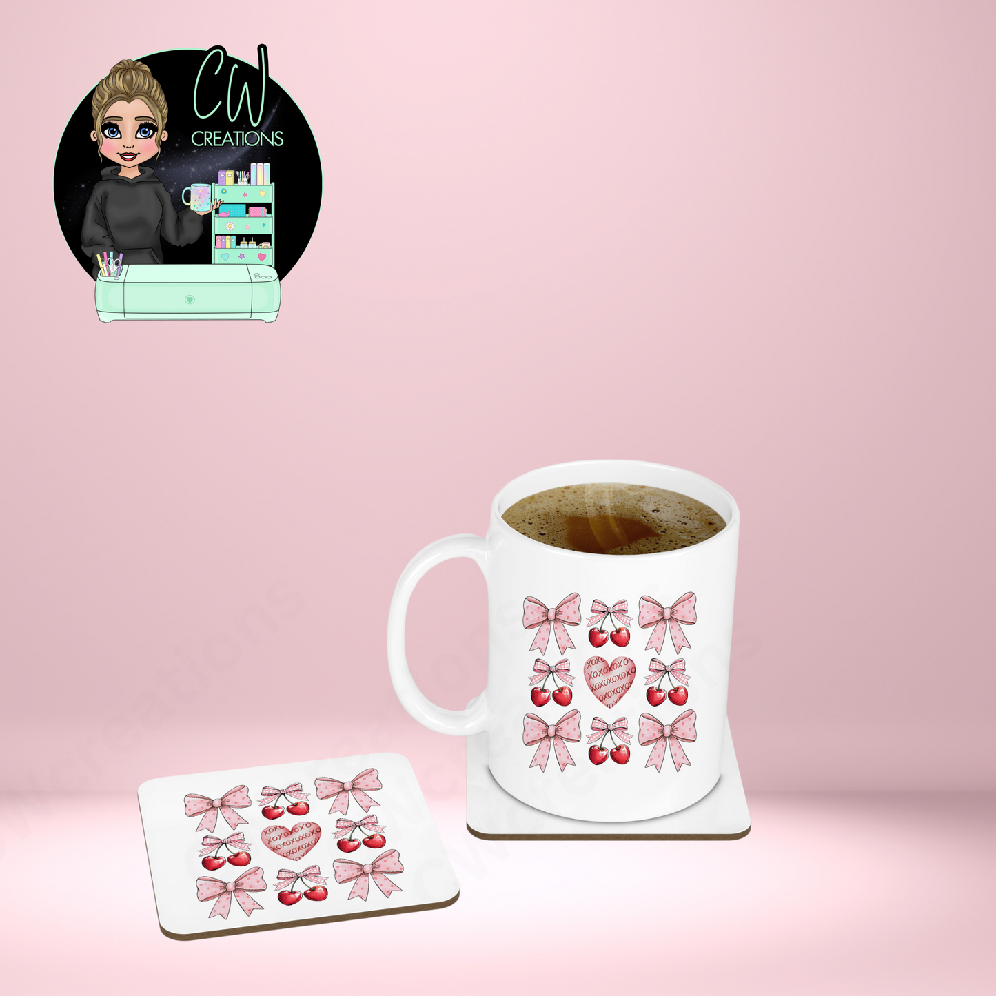 Valentines Cherries & Bows Mug & Coaster Set