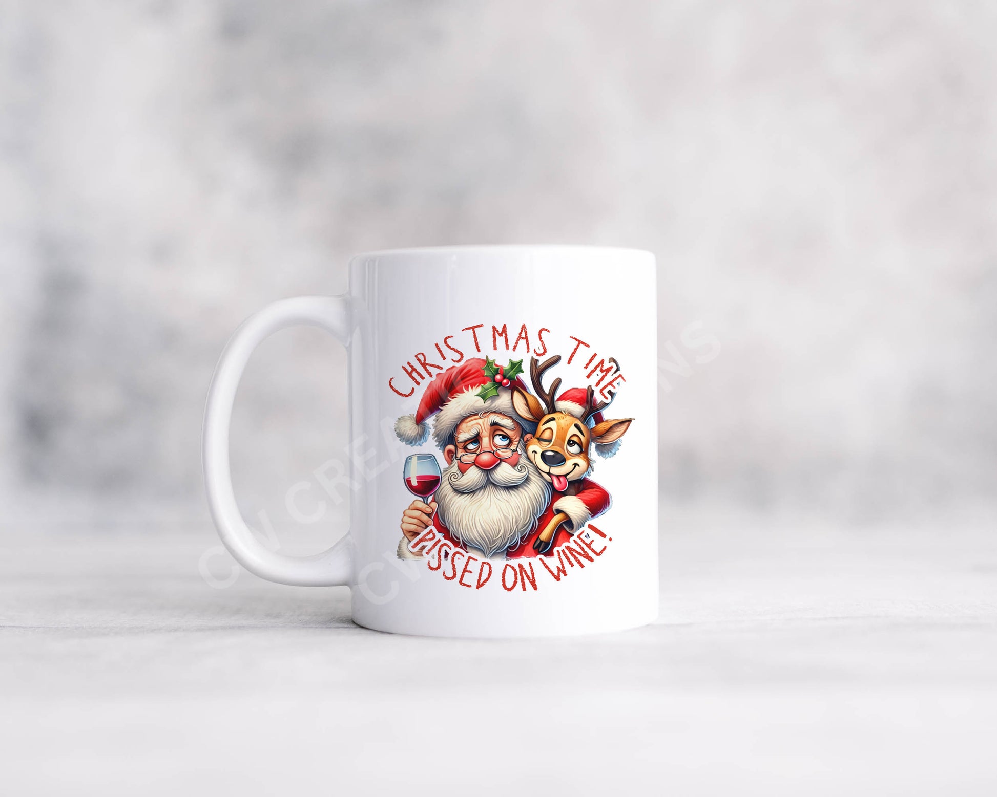 A festive mug with the phrase "Christmas time pissed on wine" celebrating inclusivity during the holiday season.