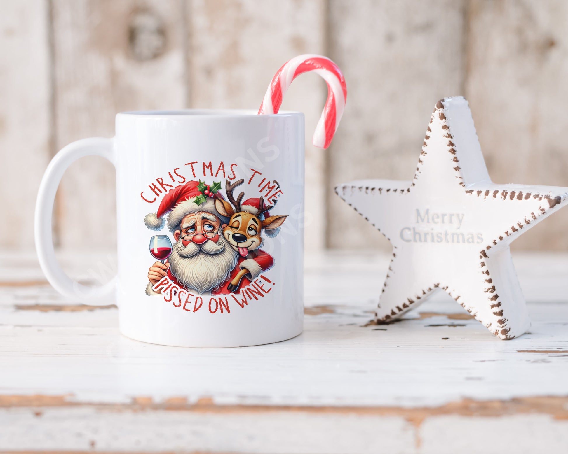 A festive mug with the phrase "Christmas time pissed on wine" celebrating inclusivity during the holiday season.