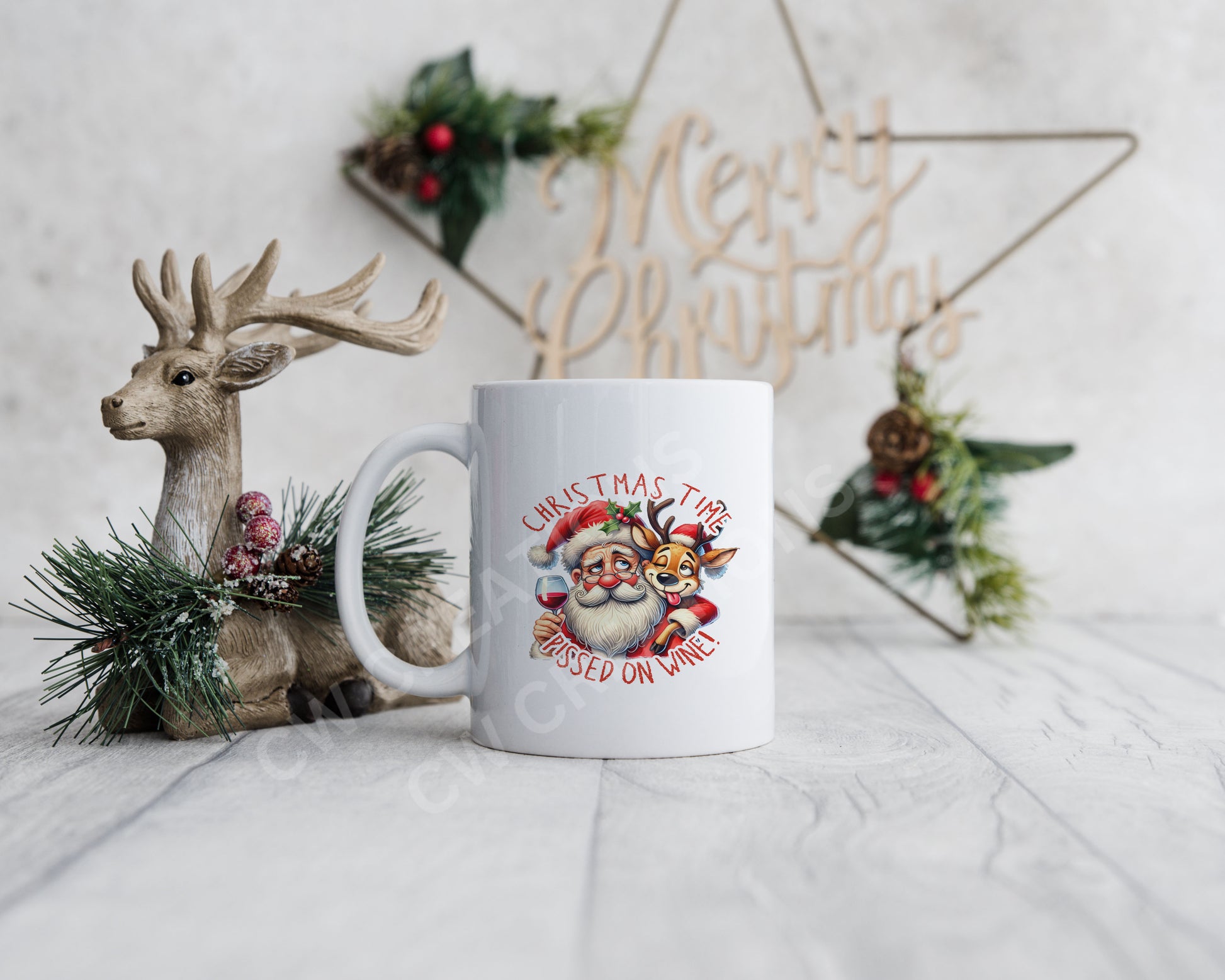 A festive mug with the phrase "Christmas time pissed on wine" celebrating inclusivity during the holiday season.