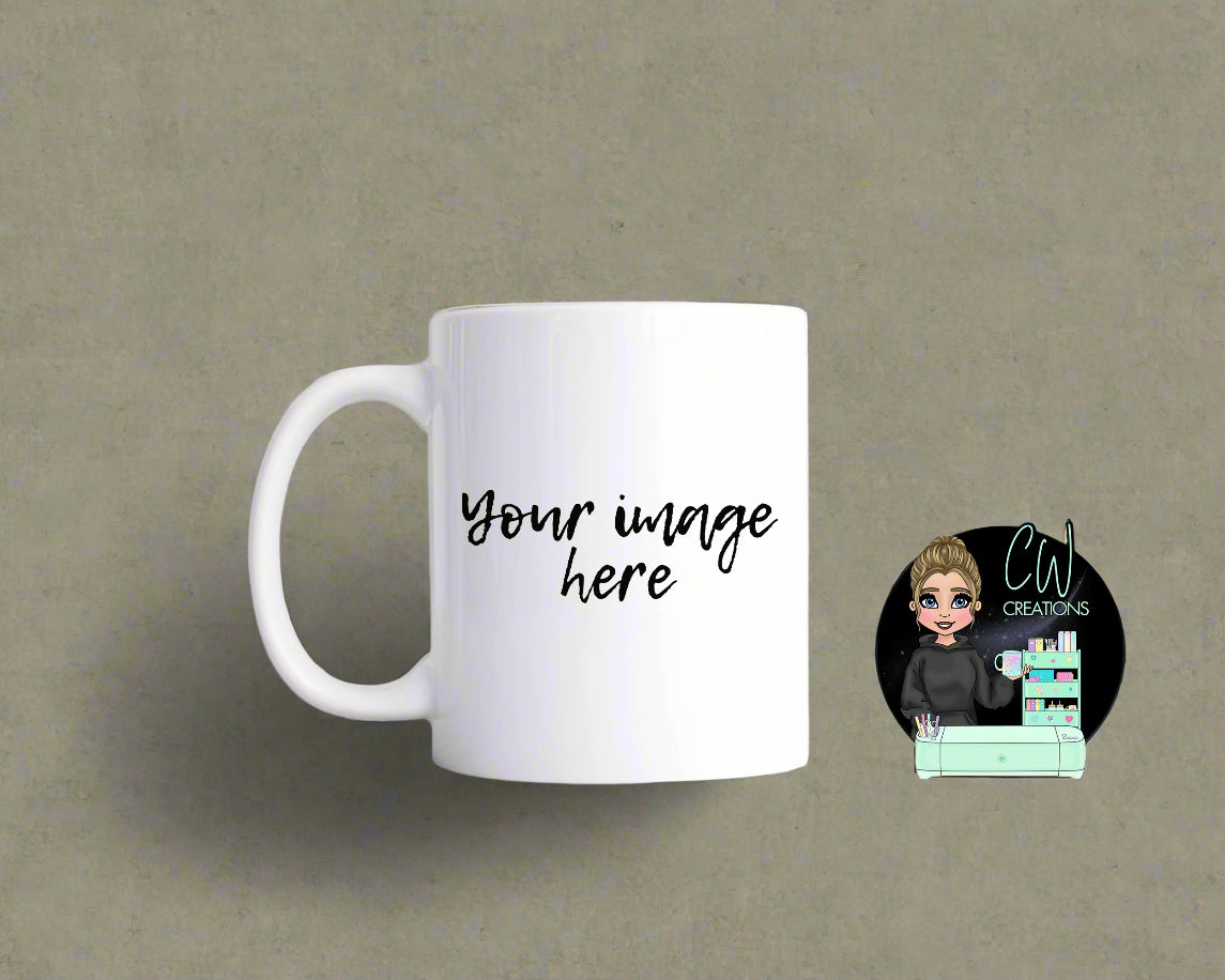 A white mug with the words your image here. 