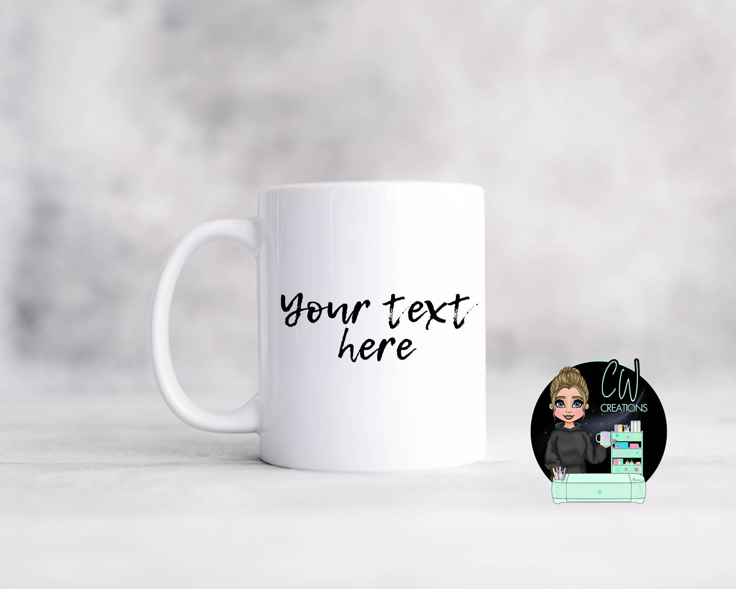 A white mug with the words your text here.