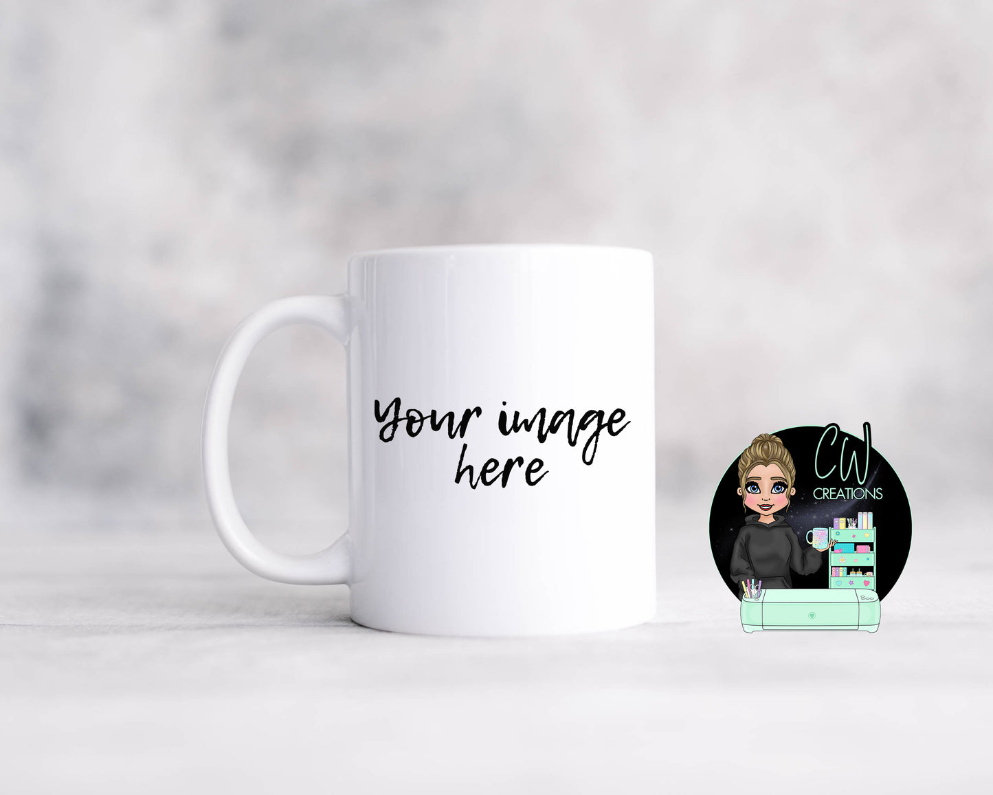 A white mug with the words your image here. 