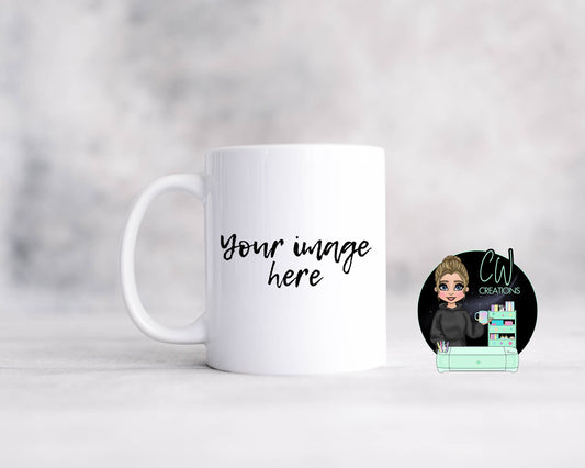 A white mug with the words your image here. 