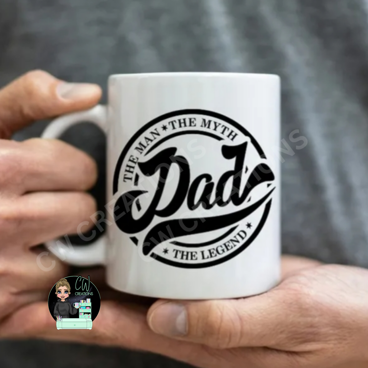 A white mug with the words "Dad The Man The Myth The Legend"