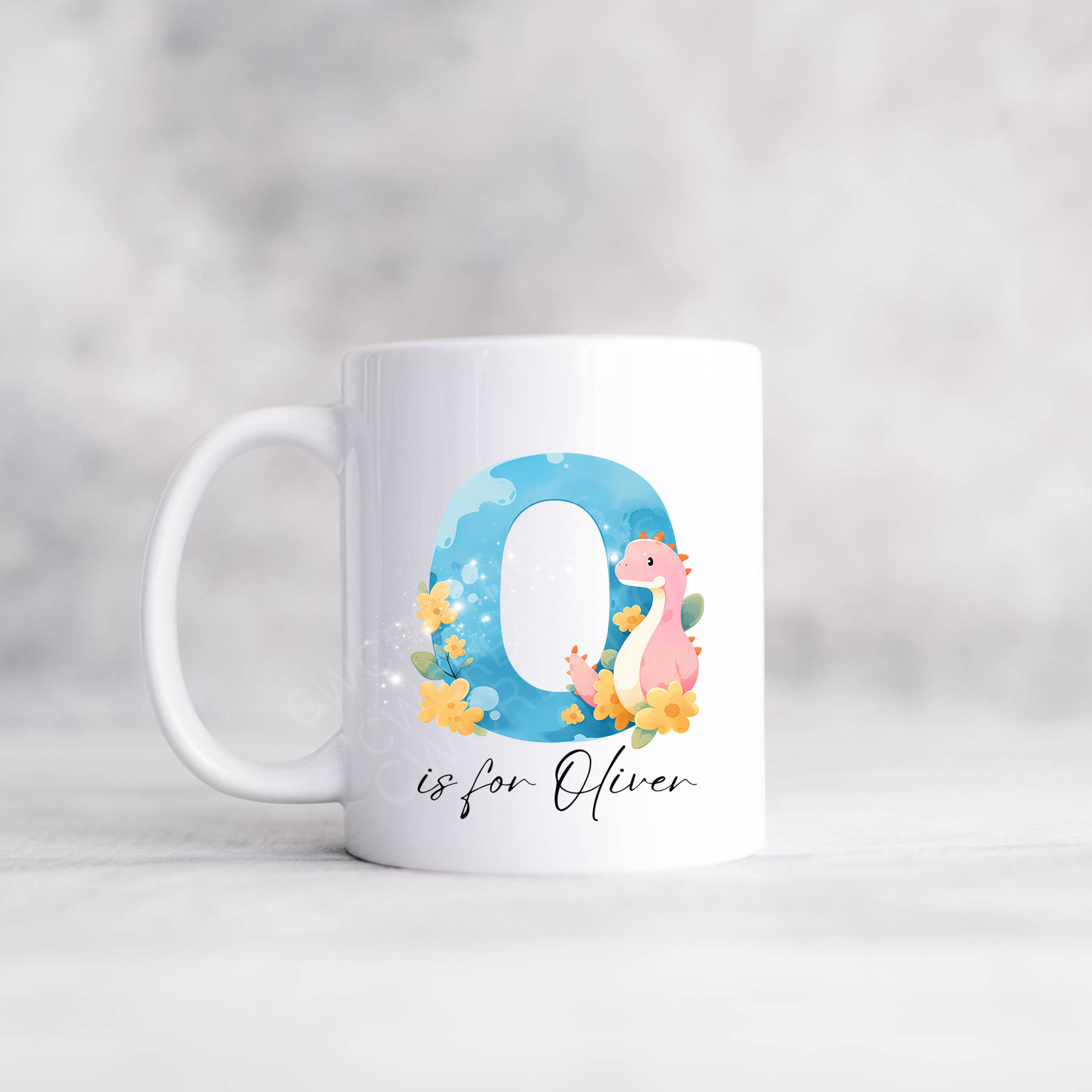 A white mug featuring the letter 'O' alongside a vibrant pink dinosaur with yellow flowers.
