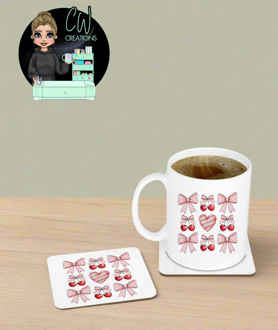 Valentines Cherries & Bows Mug & Coaster Set