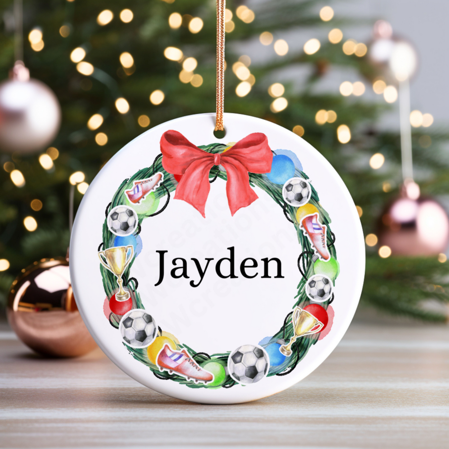 A ceramic Christmas decoration with a football wreath with a red ribbon personalised with a name.