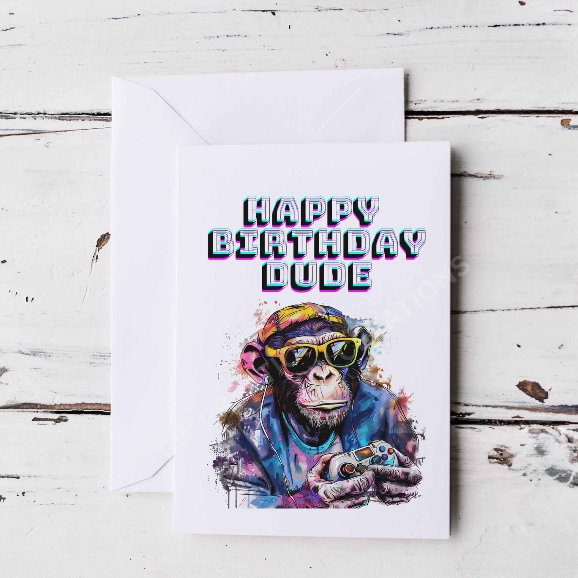 A birthday card featuring a playful monkey wearing sunglasses and a colourful hat, perfect for celebrating a special day.