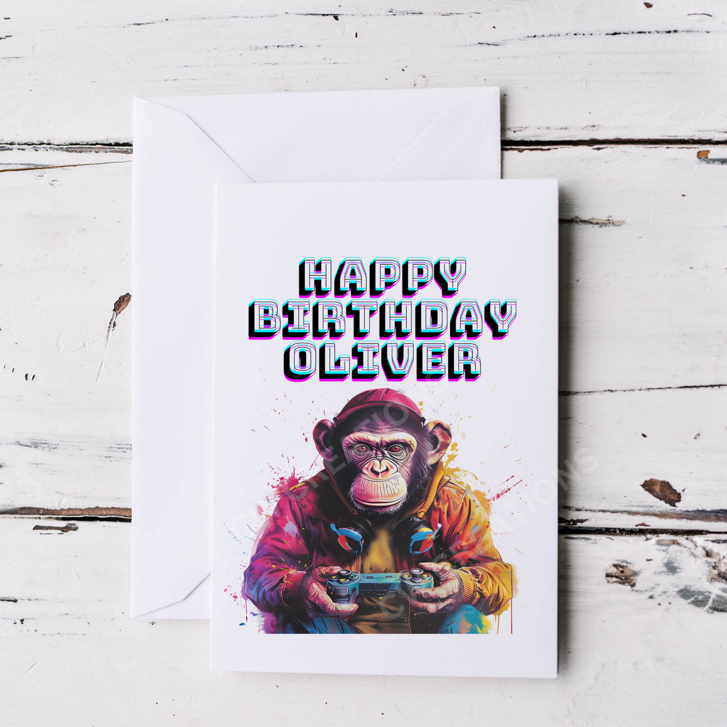 A playful birthday card featuring a monkey joyfully holding a video game controller, perfect for gamers and animal lovers.