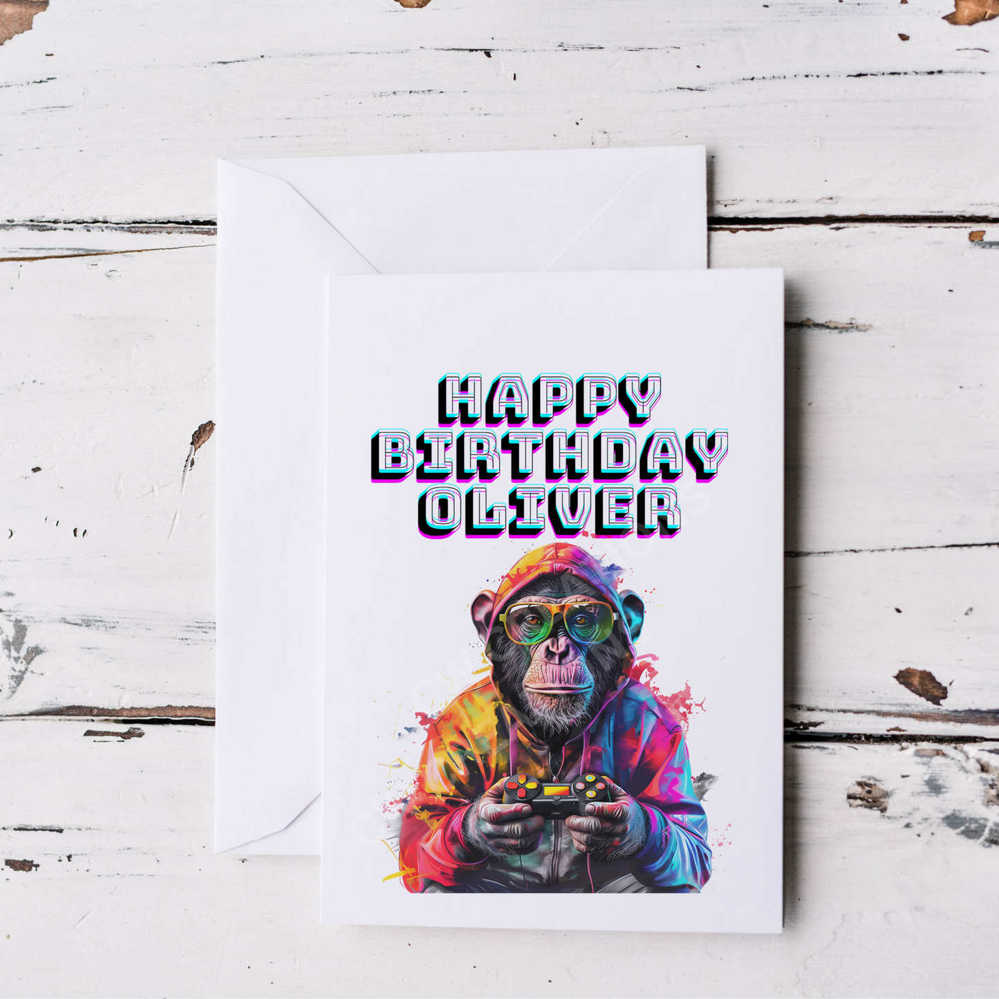 A birthday card featuring a playful monkey adorned with a hat and sunglasses, exuding a fun and festive vibe