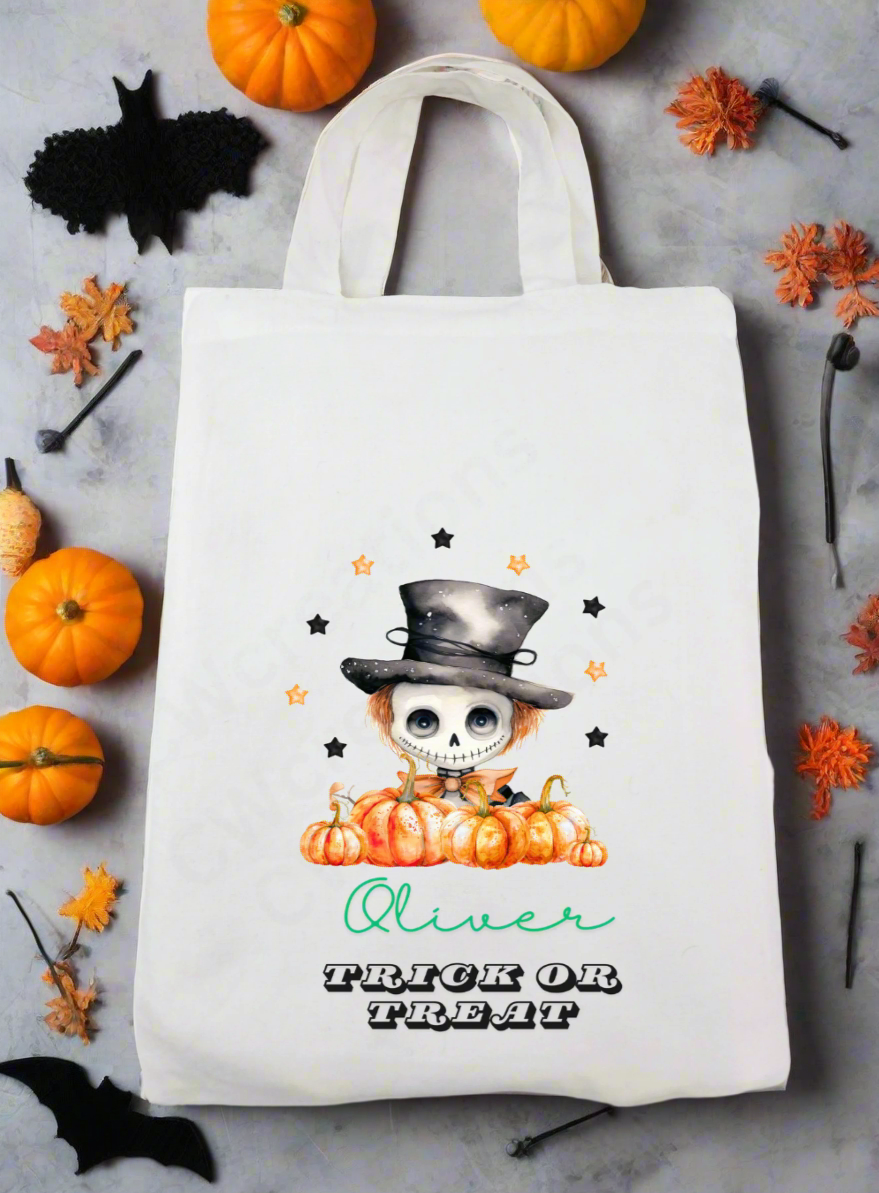 A white bag with a skeleton pumpkin and stars personalised with a child name.