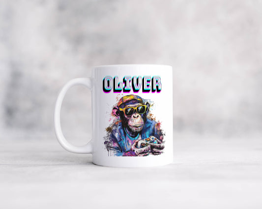 A white mug personalised with a name featuring a monkey wearing sunglasses.