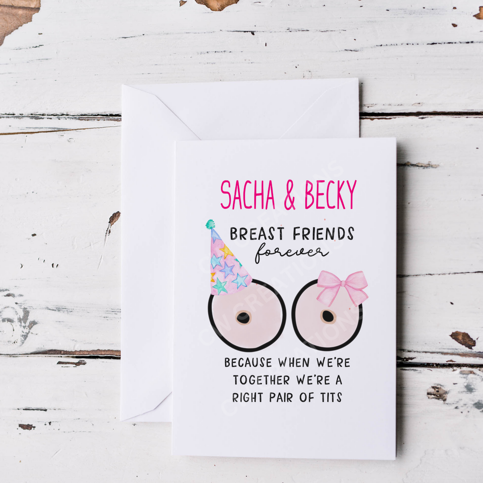 A humorous "Breast Friends Forever" card featuring playful text about friendship, customizable for personal messages.