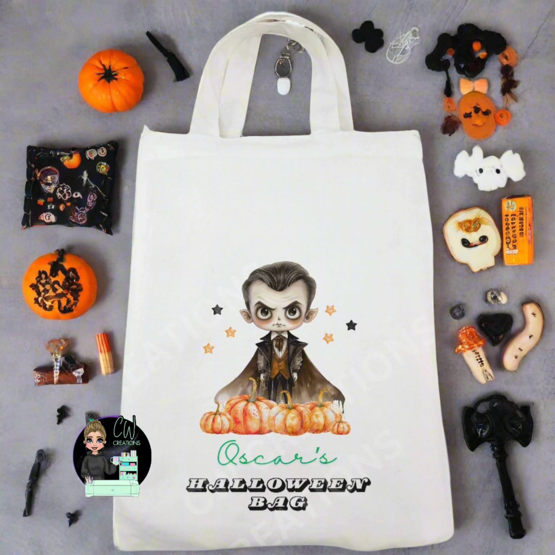 A Halloween-themed tote bag featuring a playful cartoon character, perfect for festive outings and trick-or-treating